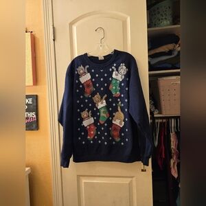 Jerzees Cotton Mix Crewneck Christmas Kitty Stocking Large Navy